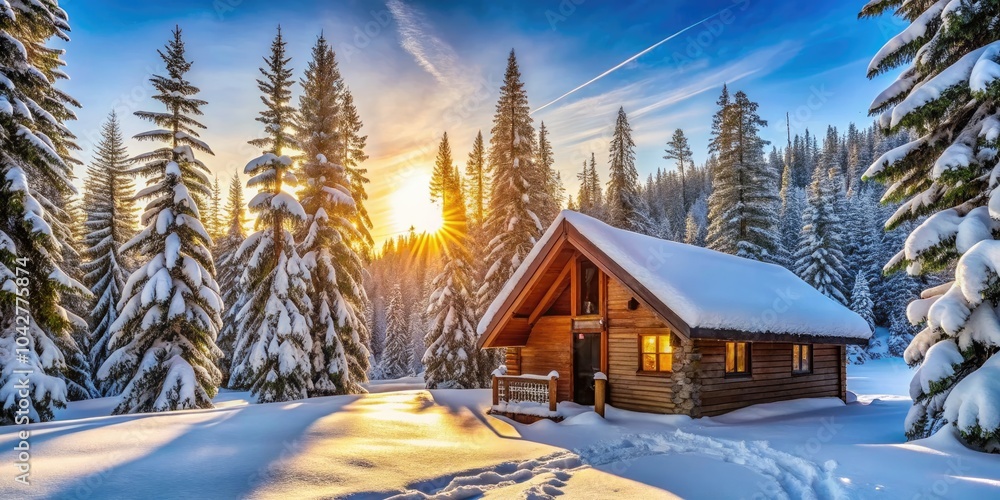 Fototapeta premium Serene Winter Getaway in a Sustainable Cabin Surrounded by Nature, Eco-Friendly Practices, Crisp Sky, Cozy Retreat, Tranquil Landscape, Winter Paradise, Nature Escape, Eco-Conscious Living