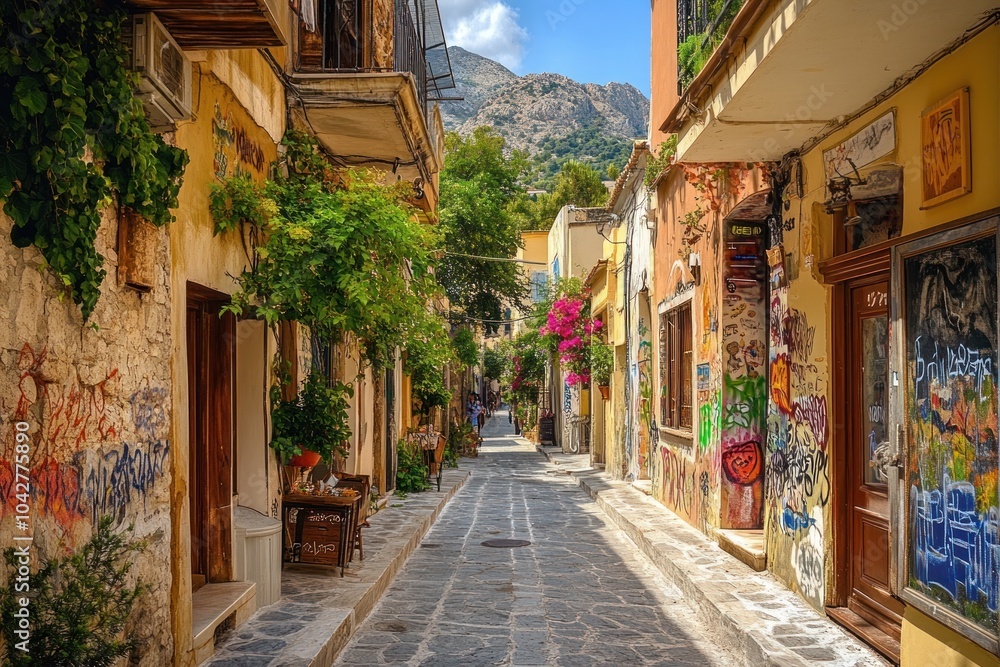 A picturesque alleyway adorned with vibrant graffiti and lush greenery in a quaint town. A picturesque alleyway adorned with vibrant graffiti and lush greenery in a quaint town.
