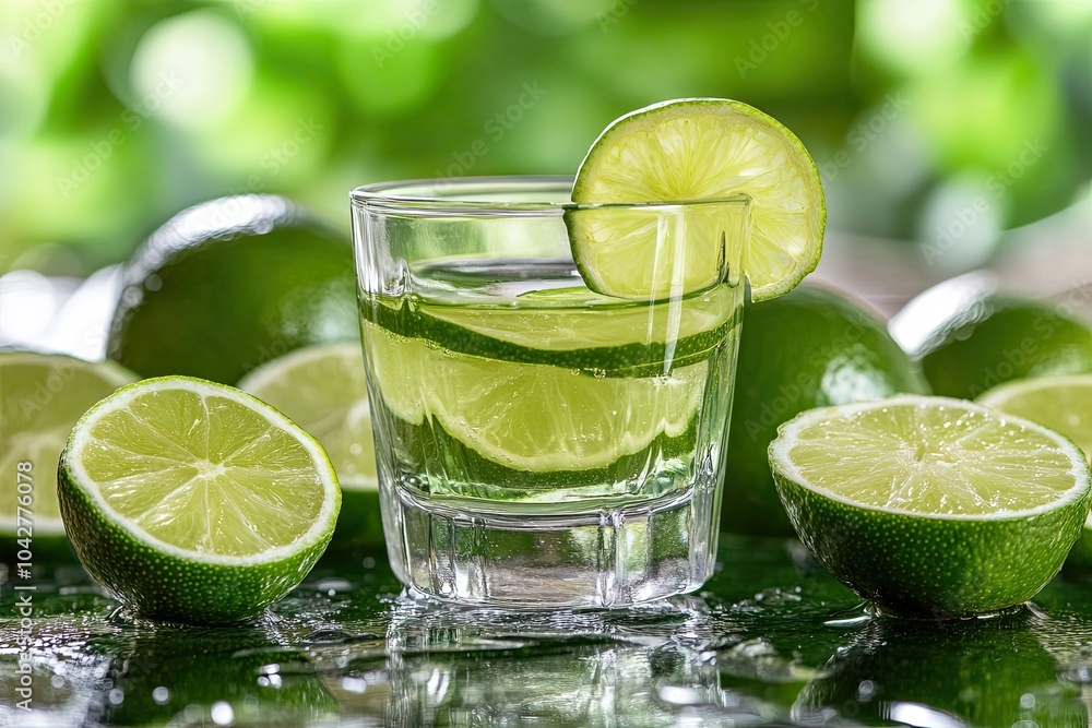 A Glass of Lime Juice with Slices of Lime on a Green Surface A Glass of Lime Juice with Slices of Lime on a Green Surface
