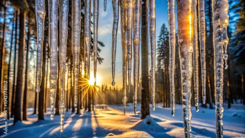 icicles hanging in forest silhouette at sunrise