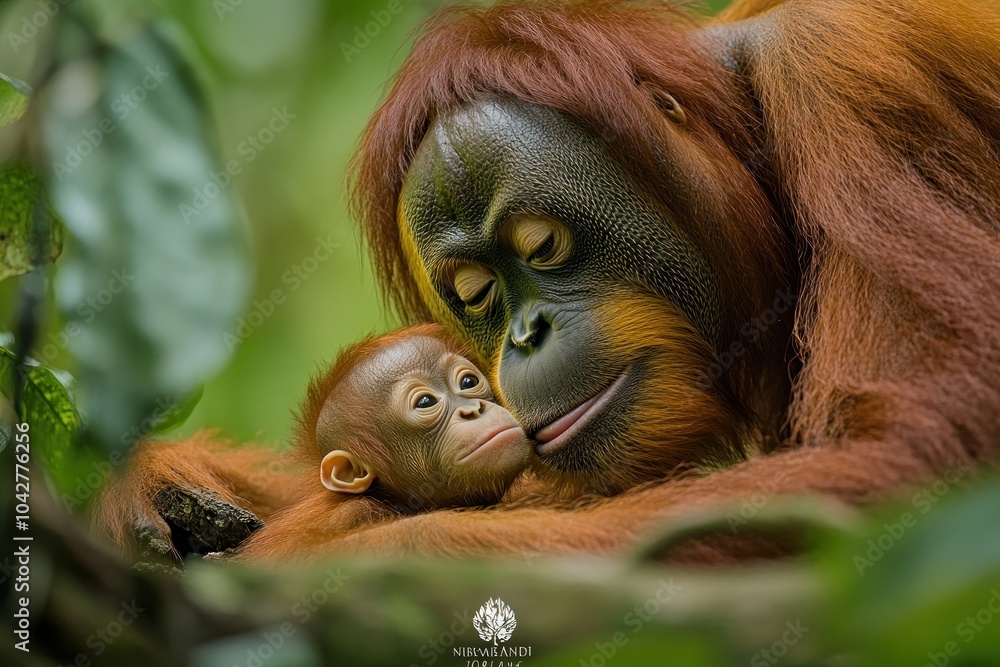 A tender moment between an adult orangutan and its baby in a lush green environment. A tender moment between an adult orangutan and its baby in a lush green environment.