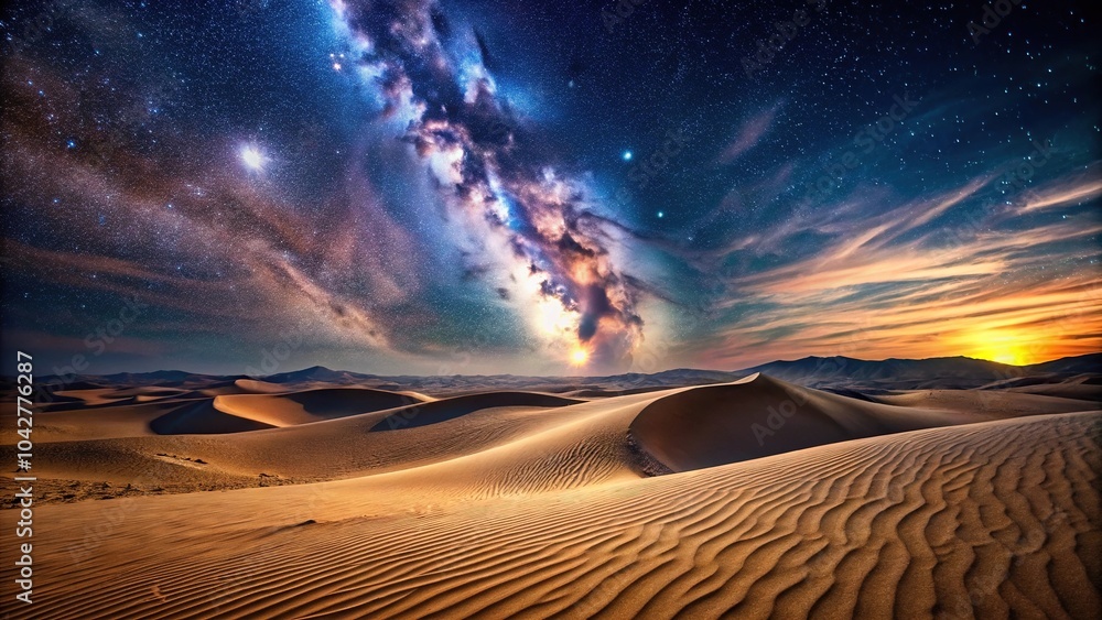 Naklejka premium Desert sand dunes under starry Milky Way night sky