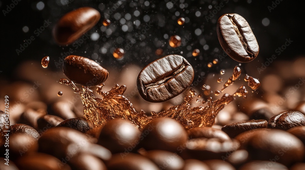 Coffee Beans Splashing in Beautiful Background Coffee Beans Splashing in Beautiful Background