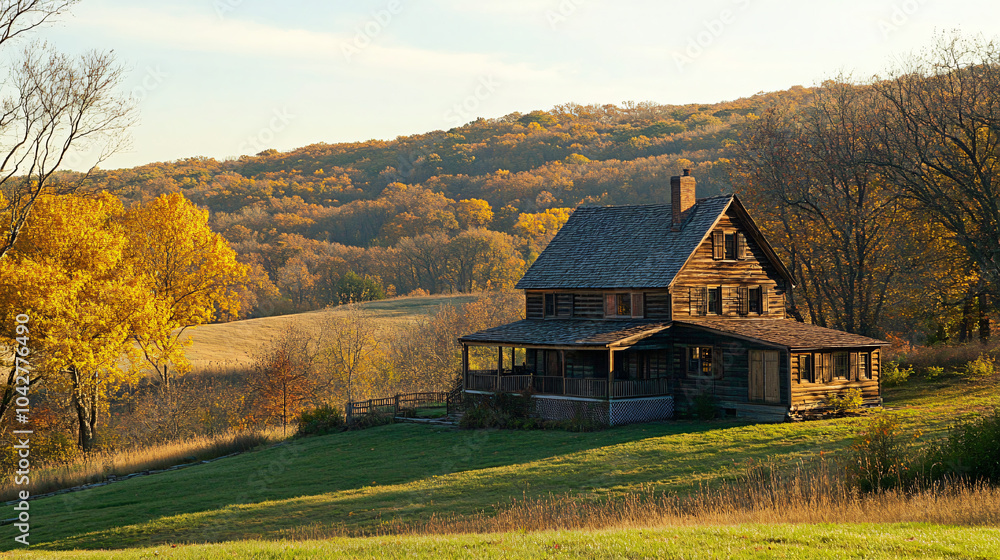 Obraz premium A charming wooden farmhouse set against a backdrop of rolling hills, perfect for Thanksgiving gatherings.