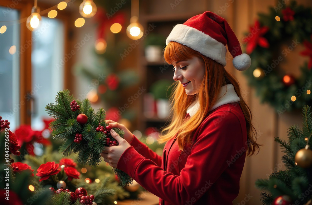 Festive scene featuring a woman florist with red hair in a Santa hat decorating a Christmas wreath with red ornaments Festive scene featuring a woman florist with red hair in a Santa hat decorating a Christmas wreath with red ornaments