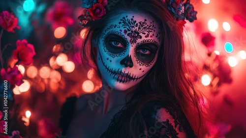 Colorful sugar skull makeup with floral background