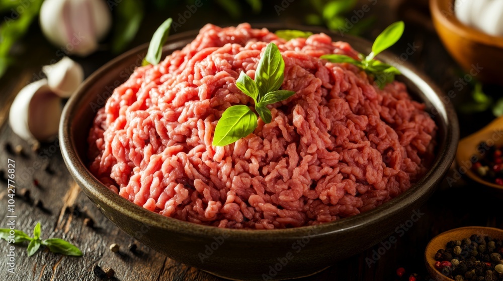 Fresh Ground Meat with Herbs on Wooden Table Fresh Ground Meat with Herbs on Wooden Table
