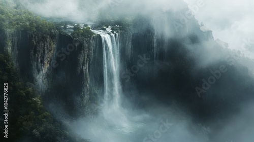 Waterfall Cascading Through Mist in a Lush Valley
