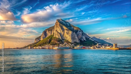 Iconic view of the Rock of Gibraltar from across the bay of Algeciras