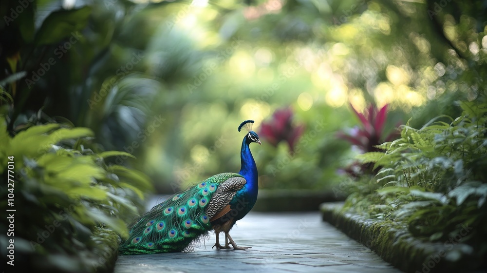 Obraz premium A vibrant peacock stands elegantly on a stone path surrounded by lush greenery.