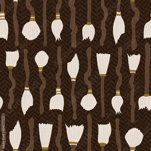 Collection of magic brooms with white bristles & golden details in a cupboard in off-white and gold details on brown hatched background. A seamless vector pattern. Great for homedecor,fabric,wallpaper