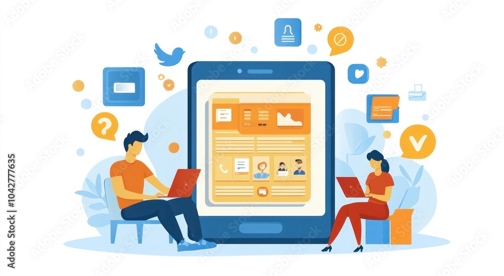 Two people using laptops with a smartphone interface displaying various app icons. Two people using laptops with a smartphone interface displaying various app icons.