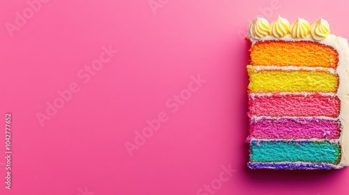 A vibrant slice of rainbow cake on a pink background, showcasing layers of bright colors.