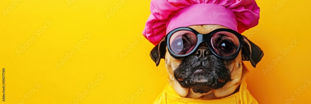 A pug wearing a pink chef's hat and oversized glasses against a yellow background. A pug wearing a pink chef's hat and oversized glasses against a yellow background.