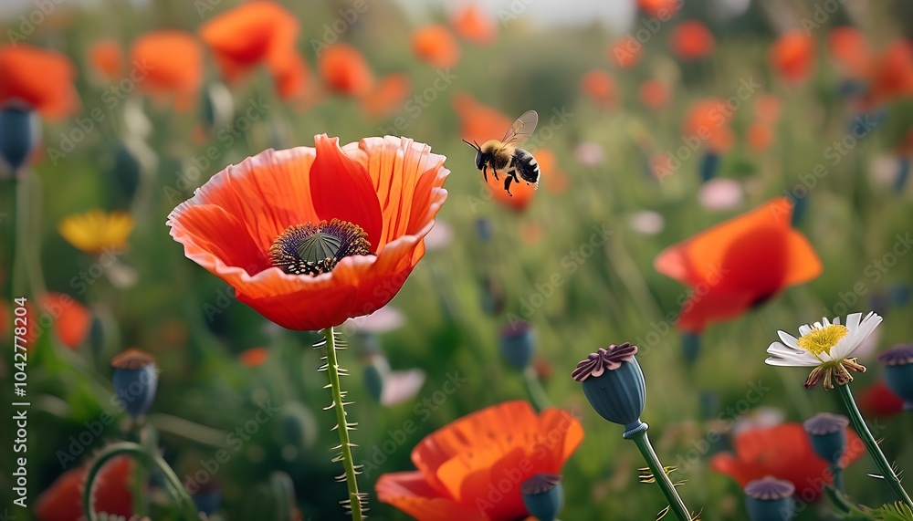 Obraz premium A vibrant display of nature's beauty bees pollinating poppy flowers in a lush meadow environment showcasing the importance of biodiversity and ecosystem health