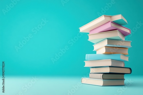 Colorful Stack of Books on Turquoise Background