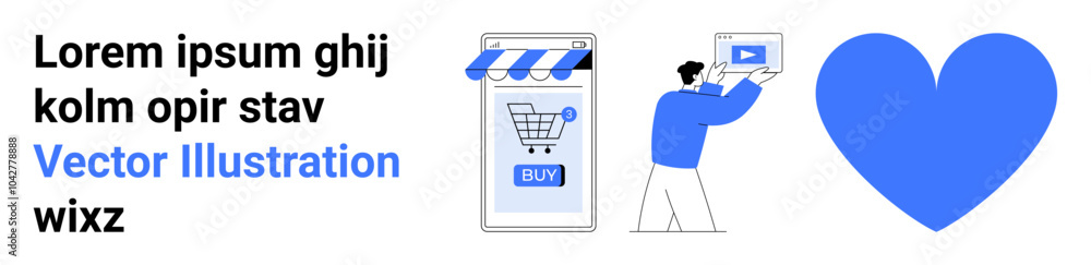 Man holding a video graphic near large heart symbol. Smartphone with a shopping cart icon under a store awning next to lorem ipsum text. Ideal for promoting online shopping, digital marketing Man holding a video graphic near large heart symbol. Smartphone with a shopping cart icon under a store awning next to lorem ipsum text. Ideal for promoting online shopping, digital marketing