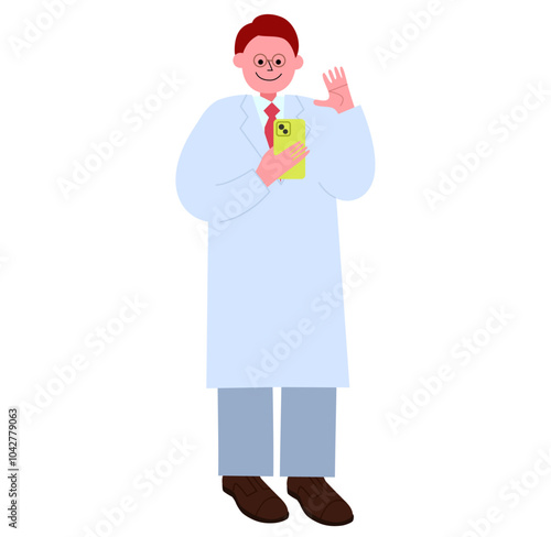 白衣を着たメガネの男性がビデオ通話で会話をする全身のイラスト