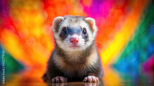 Domestic ferret posing on colorful backgrounds with lovely bokeh effect