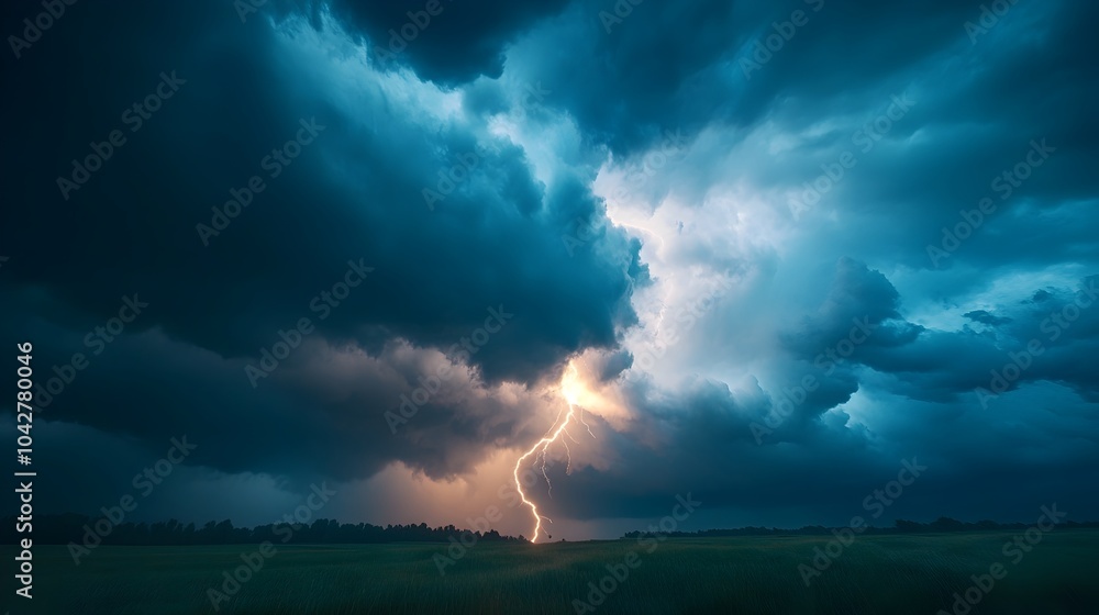 Dramatic Storm with Powerful Lightning Striking Across Stormy Sky Dramatic Storm with Powerful Lightning Striking Across Stormy Sky