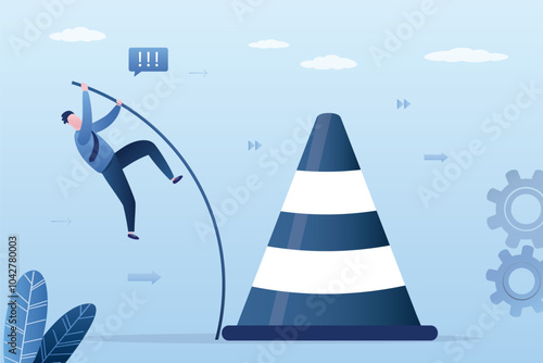Confident businessman pole vault and jumping over warning road cone. Successful overcoming restrictions, failure and ban. Giant alert sign. Do not give up, motivation to success