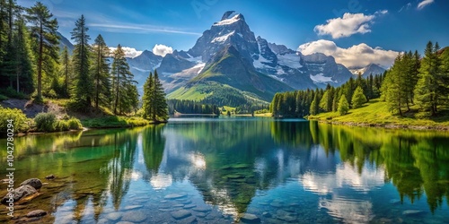 Idyllic valley with a calm lake, lush forest, and the magnificent Eiger mountain rising in the distance. Low angle view
