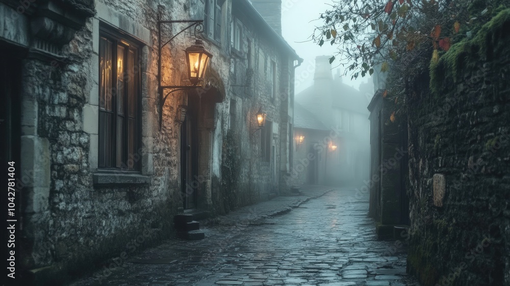 Foggy Cobblestone Alleyway in a Quaint European Village Foggy Cobblestone Alleyway in a Quaint European Village
