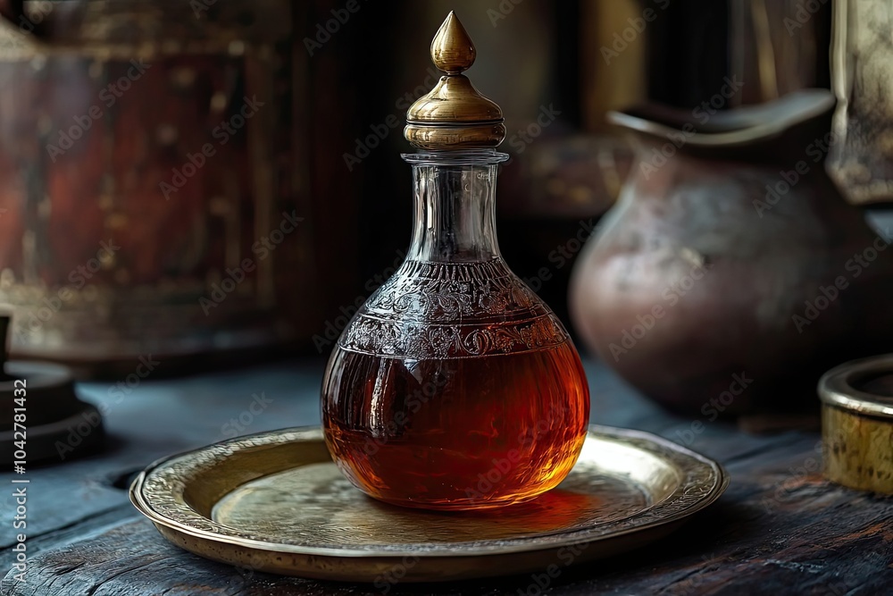 Ornate Glass Bottle with Golden Cap and Brown Liquid on a Brass Tray Ornate Glass Bottle with Golden Cap and Brown Liquid on a Brass Tray