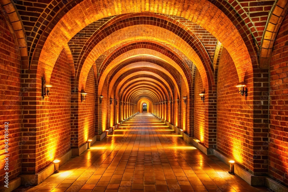 Illuminated arched corridor with orange brick walls and wooden floor Illuminated arched corridor with orange brick walls and wooden floor