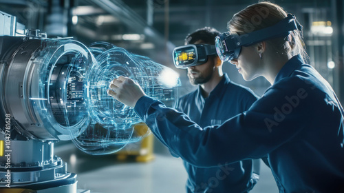 Two engineers fine-tune digital holographic engine.