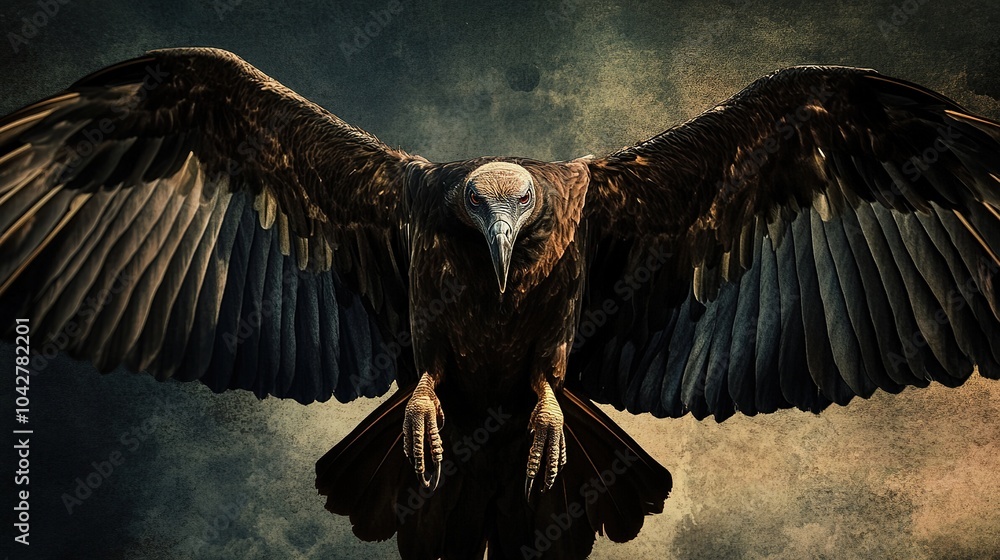 Fototapeta premium Majestic Vulture Soaring in the Sky, Showcasing its Powerful Wingspan and Keen Eyes. A Close-Up of this Scavenger Bird, Emphasizing Its Role in Nature's Ecosystem and Wildlife Conservation