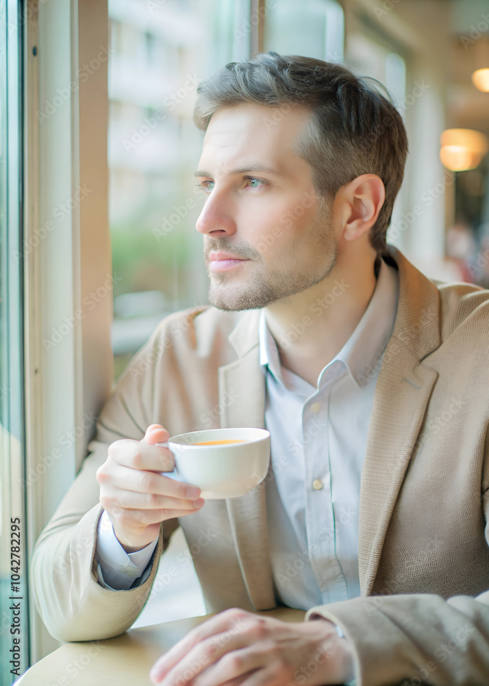A middle-aged man sitting in a café, gazing out the window with a calm, reflective expression, holding a cup of coffee A middle-aged man sitting in a café, gazing out the window with a calm, reflective expression, holding a cup of coffee