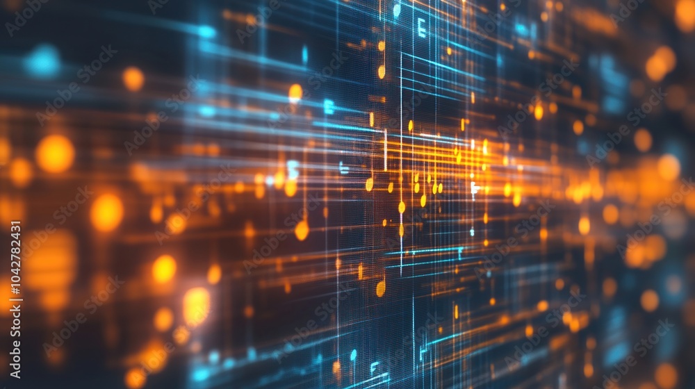 Abstract digital landscape with glowing lines and particles in blue and orange hues. Abstract digital landscape with glowing lines and particles in blue and orange hues.