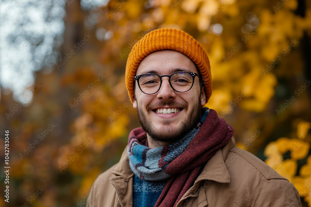 A man wearing glasses and an orange beanie smiling at the camera A man wearing glasses and an orange beanie smiling at the camera