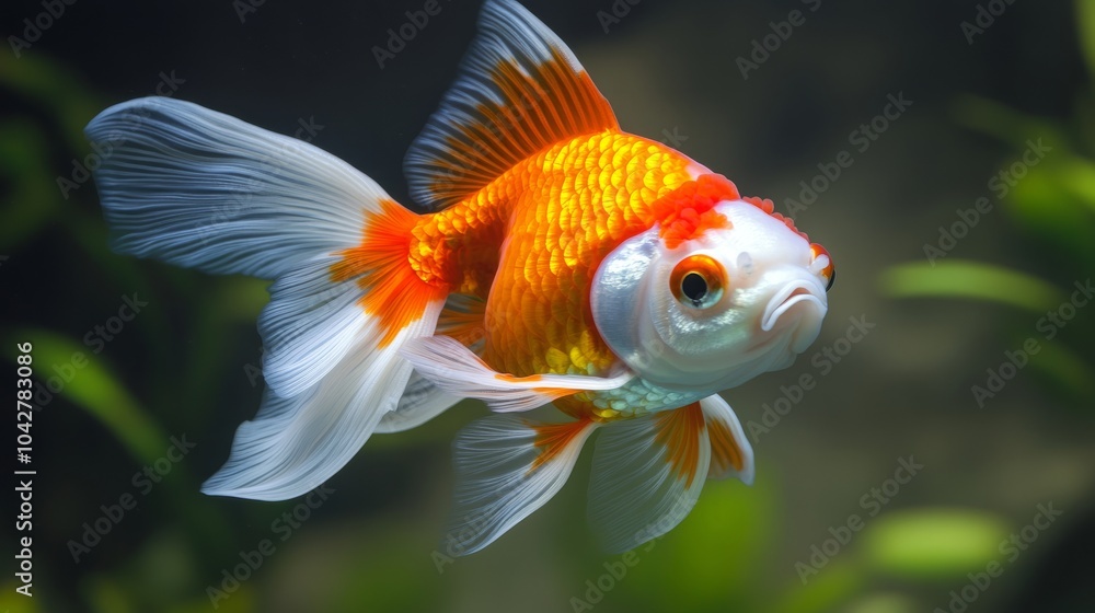A beautiful orange and white Oranda goldfish swimming calmly in crystal-clear water. A beautiful orange and white Oranda goldfish swimming calmly in crystal-clear water.