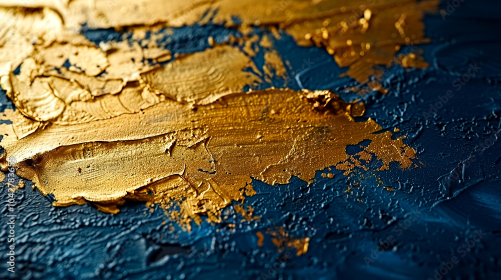 Naklejka premium Textured gold leaf artwork on deep blue canvas showcasing artistic creativity