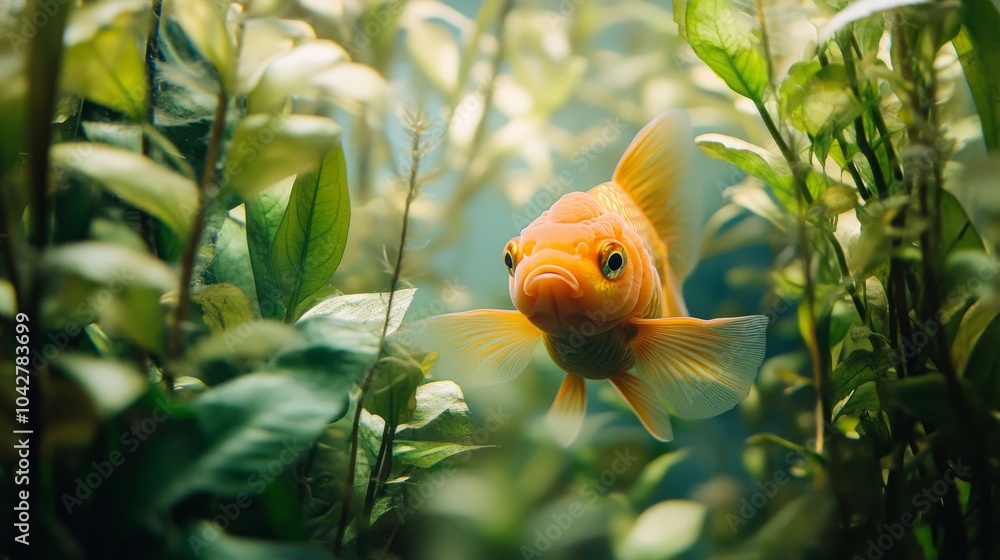 A playful Oranda goldfish peeking out from behind aquarium plants, with soft natural lighting.