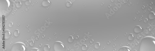 Water drops on gray background. Vector realistic illustration of wet window or wall covered with rain droplets, aqua spray effect on surface, cosmetic moisture serum or gel blobs texture, condensation