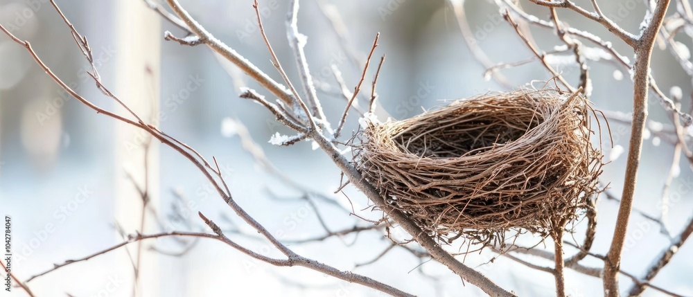 Fototapeta premium A bird's nest resting on a branch, surrounded by a winter landscape.