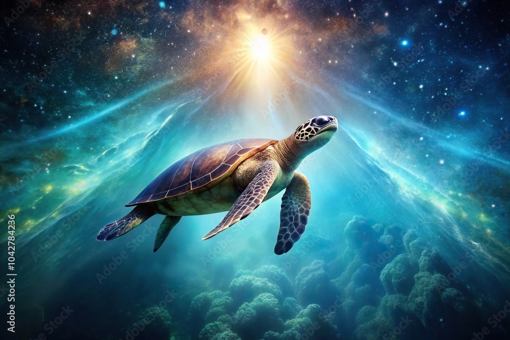 Illuminated turtle floating elegantly in cosmic ocean Illuminated turtle floating elegantly in cosmic ocean