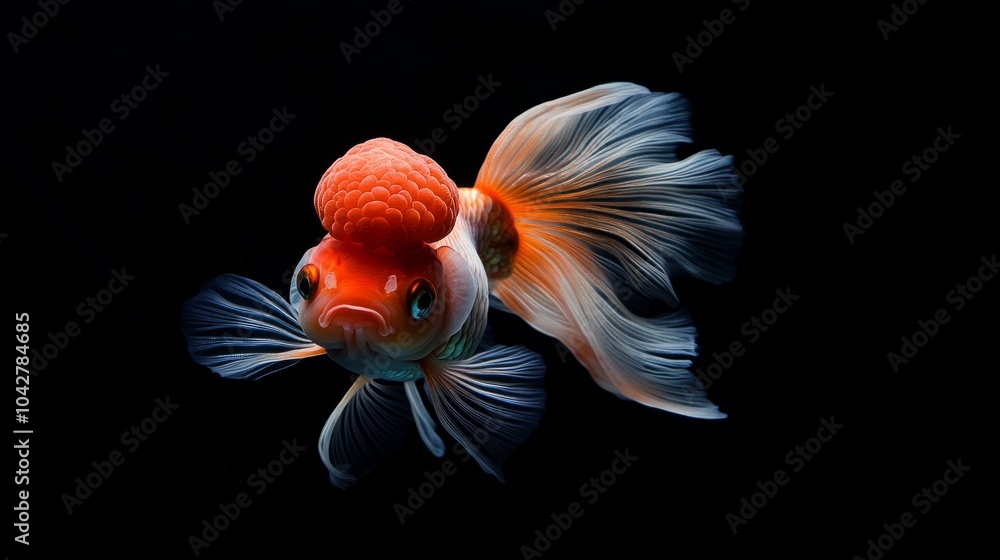 Naklejka premium Red Oranda goldfish captured mid-swim, showing the intricate details of its head growth (wen).