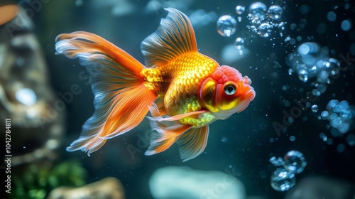 Vibrant orange Oranda goldfish swimming gracefully in a clear aquarium tank, bubbles rising gently.