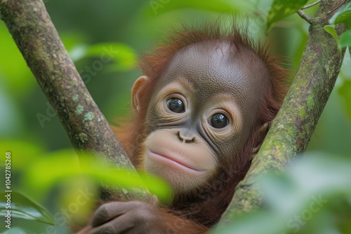 A young orangutan clings to a tree branch, showcasing its expressive eyes and playful nature. photo