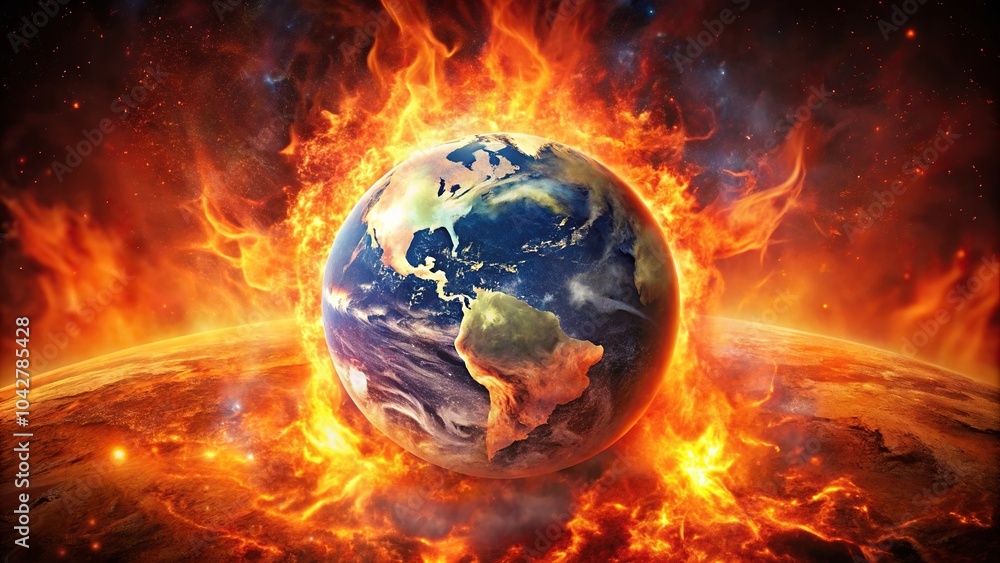 Earth engulfed in a blazing inferno cosmic spectacle of fire and destruction silhouette Earth engulfed in a blazing inferno cosmic spectacle of fire and destruction silhouette