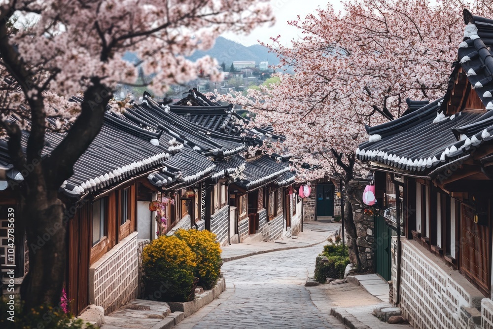 A serene street lined with traditional houses and blooming cherry blossoms. A serene street lined with traditional houses and blooming cherry blossoms.