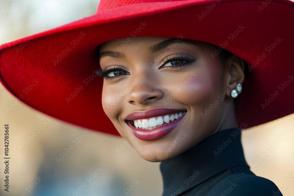 A woman wearing a red hat and smiling A woman wearing a red hat and smiling