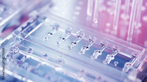 An extreme close-up of a microfluidic organ-on-a-chip device, replicating human organ functions for drug testing, Biomedical technology style photo