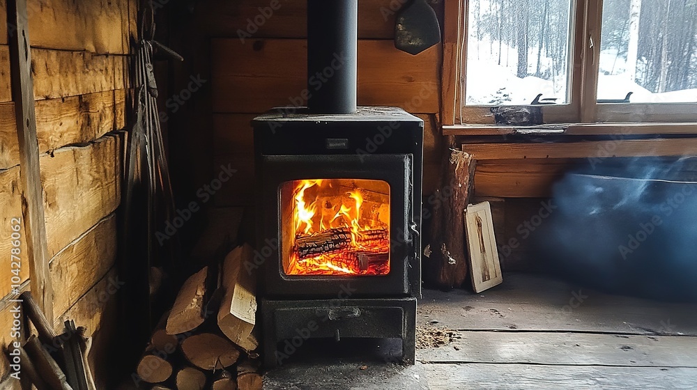 Wood Furnace Burning Stove with Glowing Flames, Traditional Heating Source. Cozy, Rustic Firewood Stove Design for Home Heating, Featuring a Warm Glow and Vintage Charm in a Comfortable Setting Wood Furnace Burning Stove with Glowing Flames, Traditional Heating Source. Cozy, Rustic Firewood Stove Design for Home Heating, Featuring a Warm Glow and Vintage Charm in a Comfortable Setting