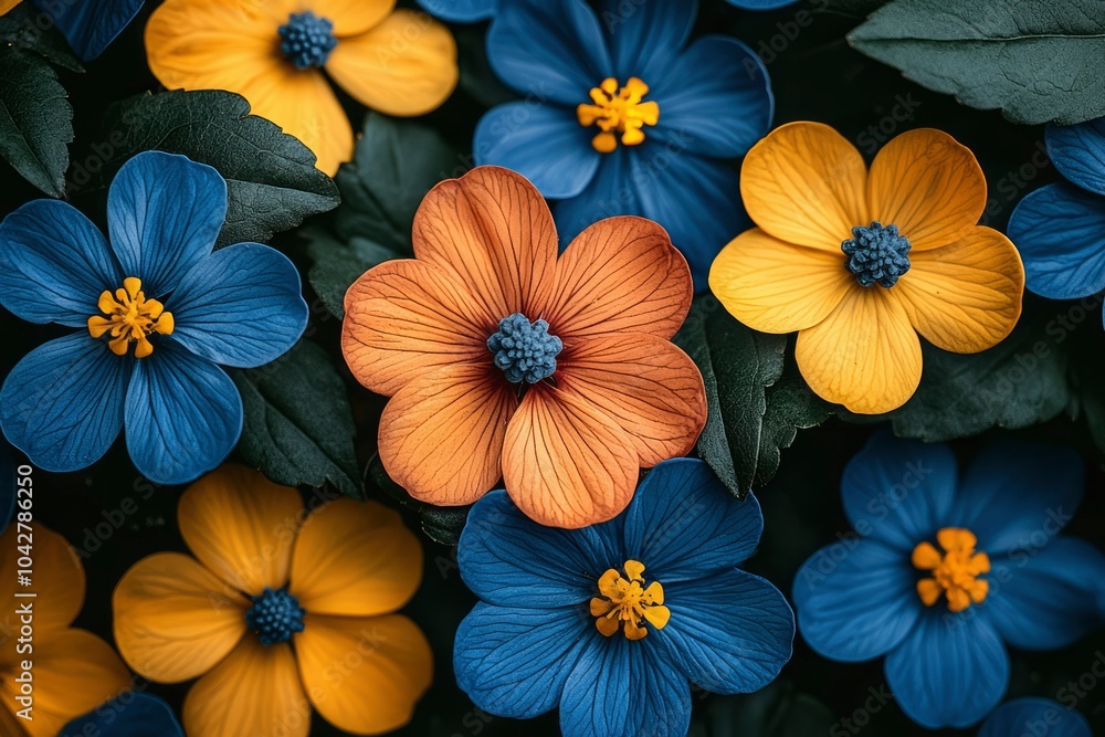 A Close-up View of Vibrant Blue, Orange, and Yellow Flowers A Close-up View of Vibrant Blue, Orange, and Yellow Flowers