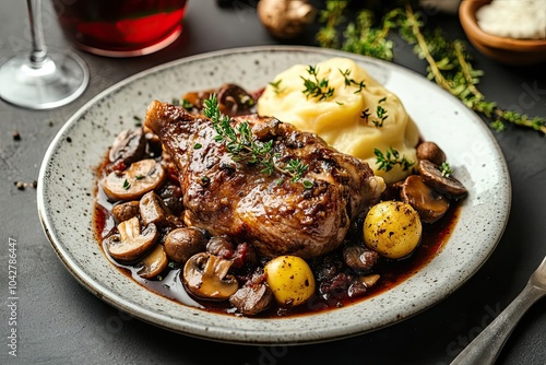 Roasted Duck Leg with Mashed Potatoes, Mushrooms, and Red Wine Sauce